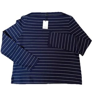 Leset Women L Navy Basic Striped 100% Cotton Boat Neck Long Sleeve T-Shirt USA